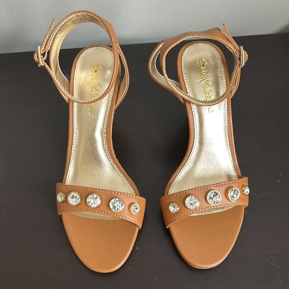 Lilly Pulitzer Natasha Wedge Shoe Leather Auburn Tan Crystal Embellished 7 NEW - Picture 6 of 15